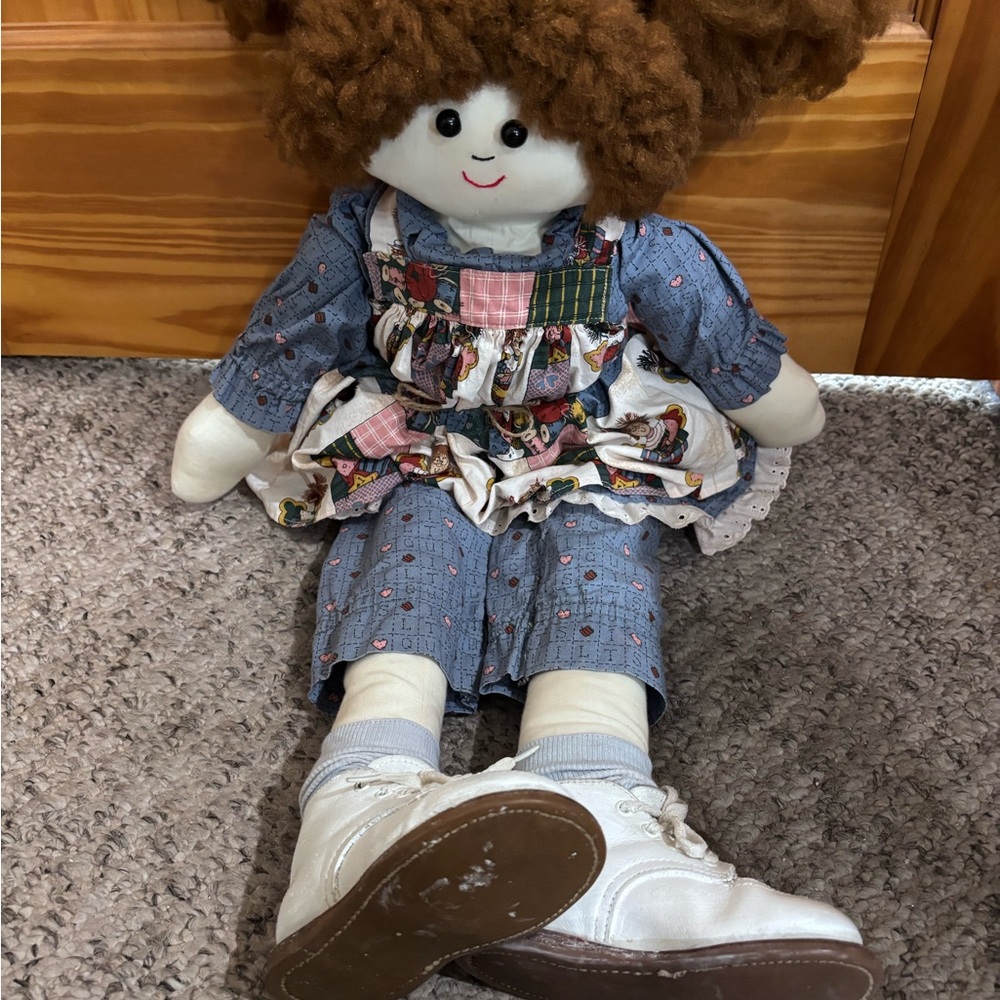 Charming Patchwork Doll with Blue Dress and White Shoes
